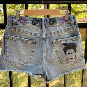 Hand Painted Upcycled Frida Kahlo Denim Shorts